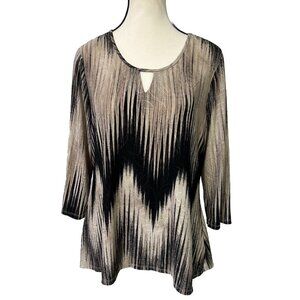 Women’s Petite Large NOTATIONS Excellent top Black Tan Stretchy Liquid Knit B40